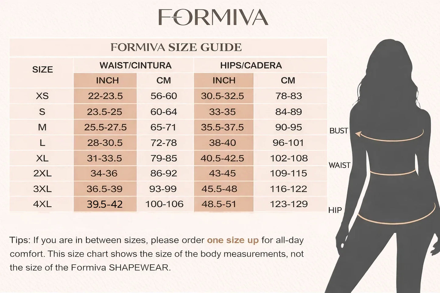Size chart and measurement guide for Formiva women's waist trainer and butt lifter faja.