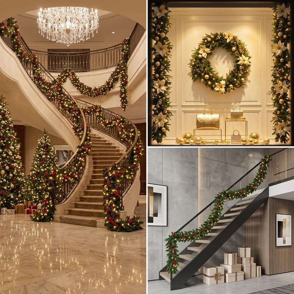 Premium Pre-Lit Christmas Garland & Wreath | 6ft & 9ft Lush Holiday Decor with LED Lights for Stairs, Mantels & Doors