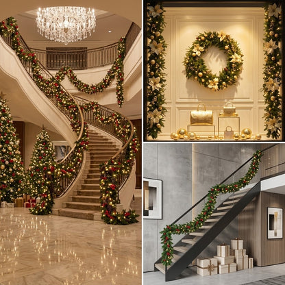 Premium Pre-Lit Christmas Garland & Wreath | 6ft & 9ft Lush Holiday Decor with LED Lights for Stairs, Mantels & Doors