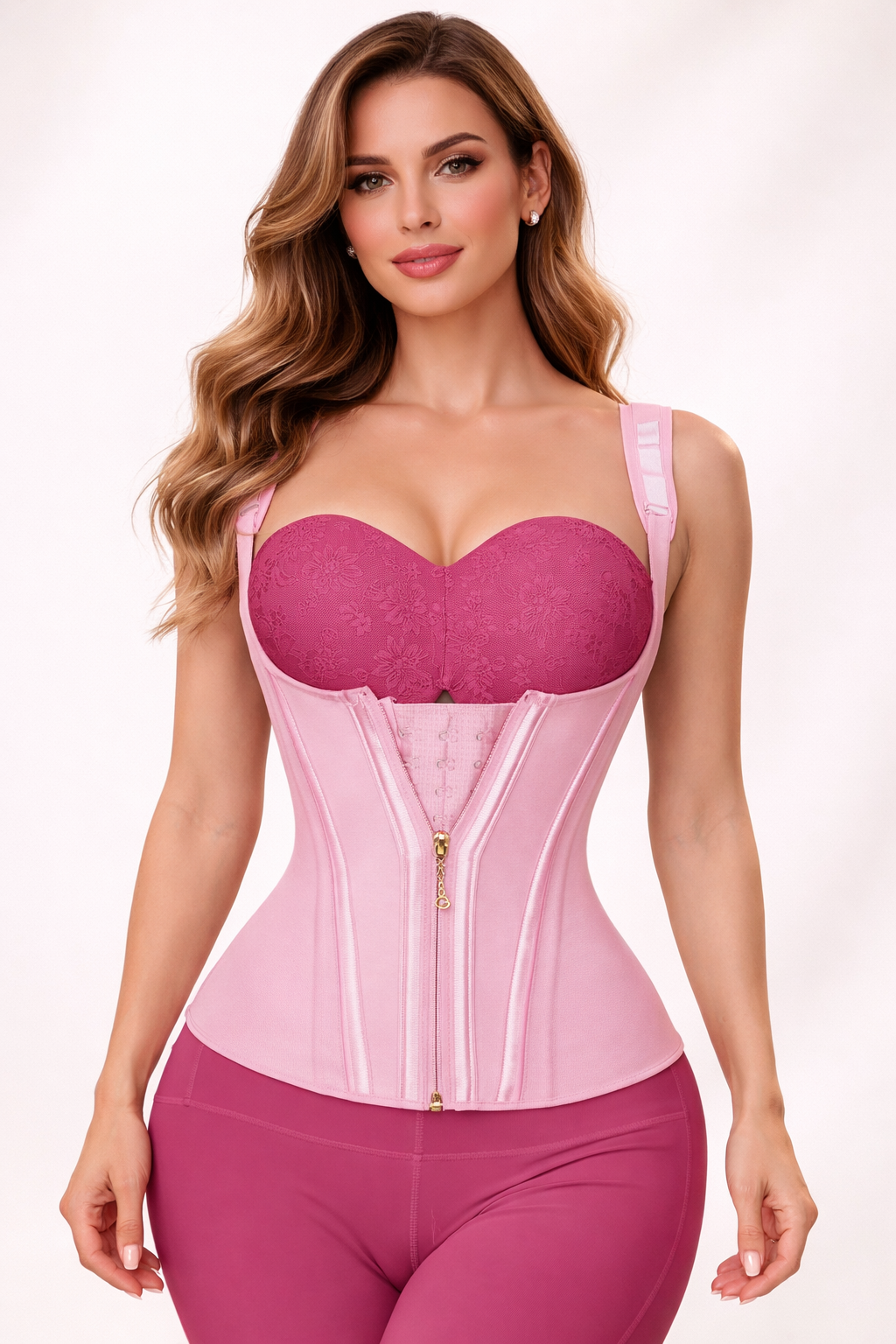 Female model wearing Formiva steel-boned waist trainer vest with adjustable straps, showing firm tummy control.