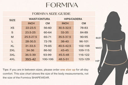 Size chart and measurement guide for Formiva women's waist trainer and butt lifter faja.