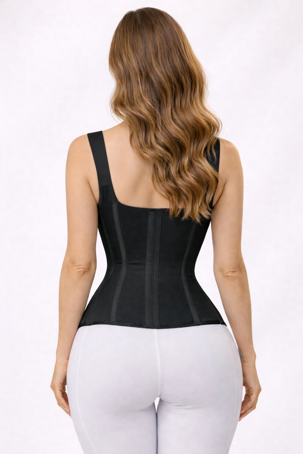 Back view of Formiva waist trainer corset vest highlighting full back support and posture correction.