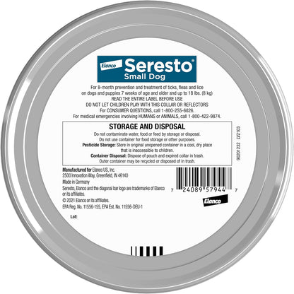 Seresto Small Dog Vet-Recommended Flea & Tick Treatment & Prevention Collar for Dogs Under 18 lbs. | 8 Months Protection