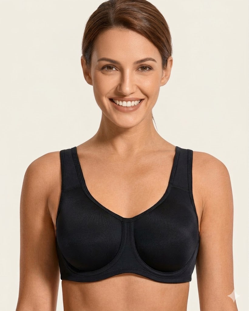 Front view of Formiva outside-wire high impact sports bra in nude providing max control for large busts.