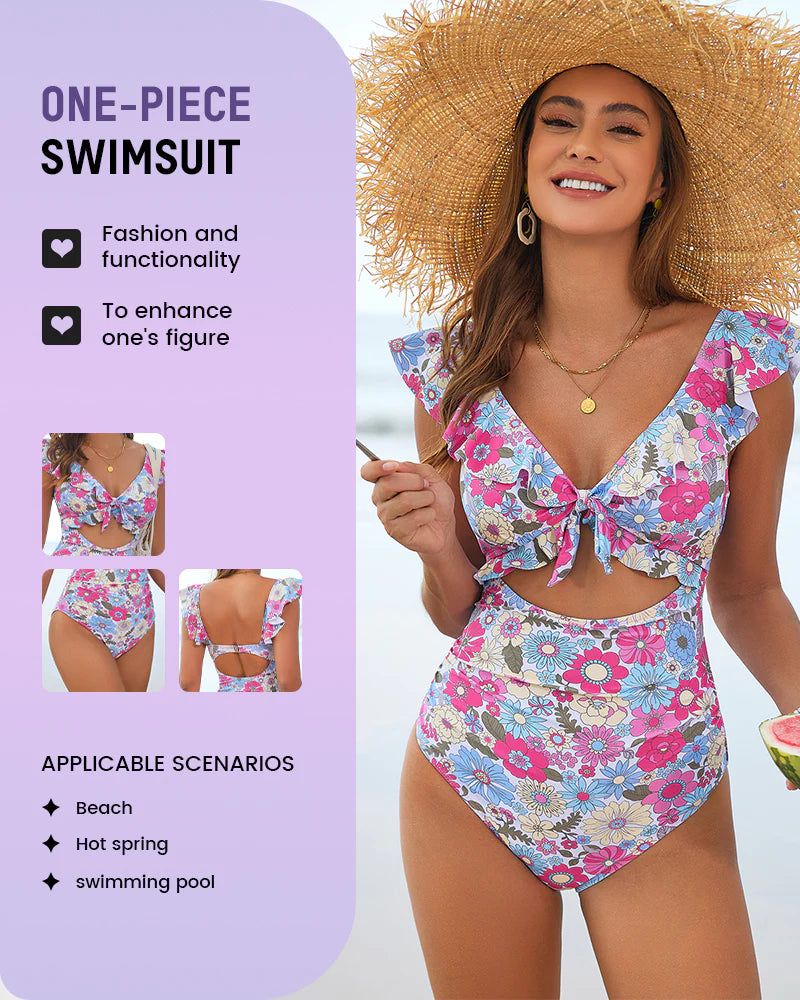 Formiva® Floral Ruffle V-Neck Cutout One-Piece Swimsuit