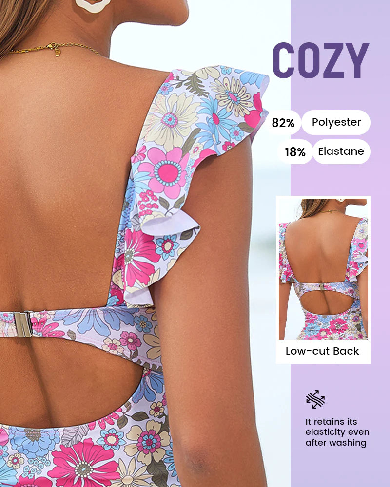 Formiva® Floral Ruffle V-Neck Cutout One-Piece Swimsuit