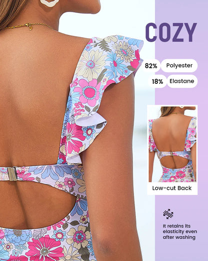 Formiva® Floral Ruffle V-Neck Cutout One-Piece Swimsuit