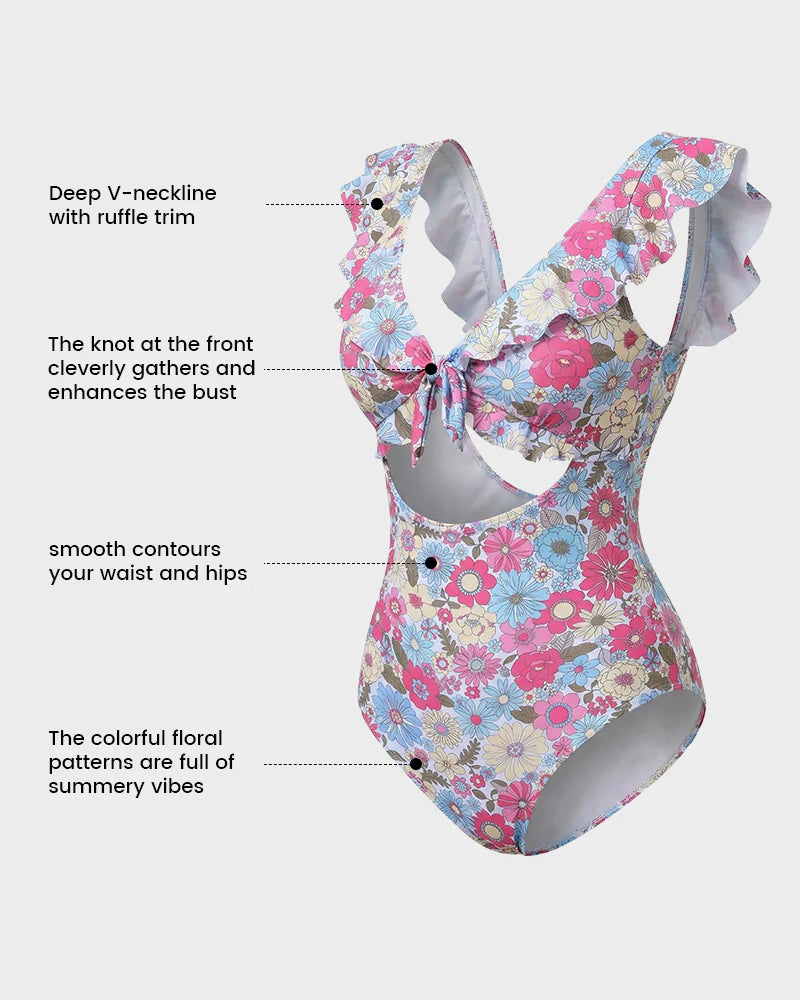 Formiva® Floral Ruffle V-Neck Cutout One-Piece Swimsuit