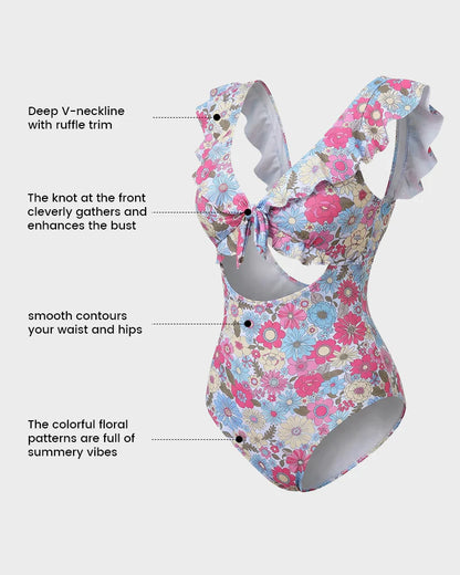 Formiva® Floral Ruffle V-Neck Cutout One-Piece Swimsuit