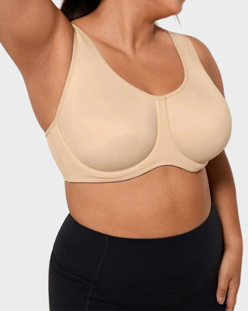 Side profile of Formiva max control sports bra showing full coverage and bounce-free support for high-intensity training.