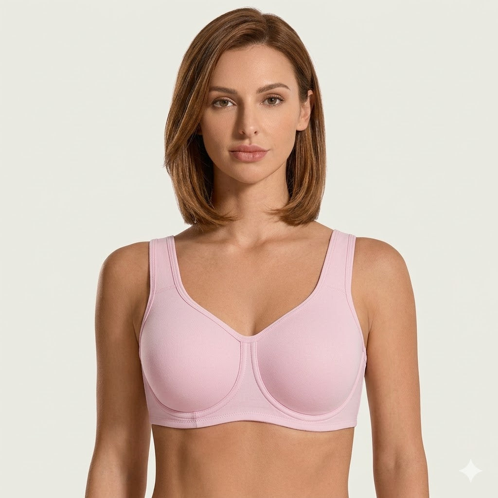 Front view of Formiva outside-wire high impact sports bra in nude providing max control for large busts.