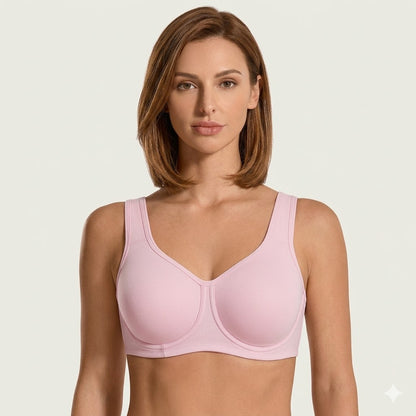 Front view of Formiva outside-wire high impact sports bra in nude providing max control for large busts.